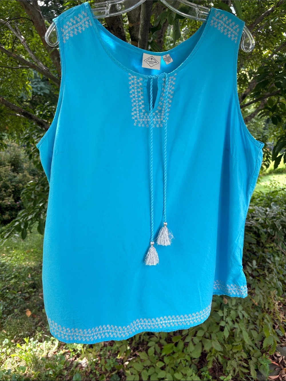 St. John's Bay Turquoise Embroidered Sleeveless Tassel Top